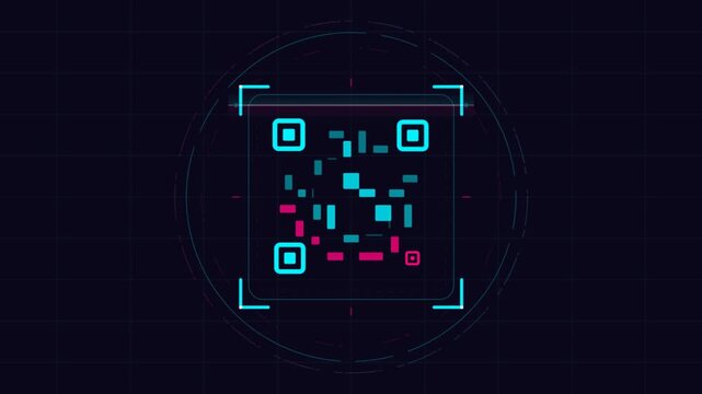 Digital QR Code Scanner Interface with Glowing Elements and Data Display.