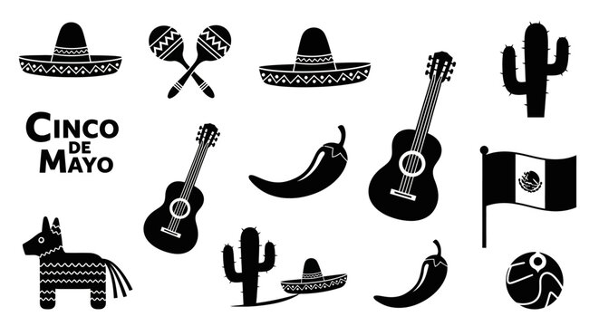 Cinco de mayo celebration icons with including sombreros maracas white icons representing collection black white maracas guitars cacti chili pepper