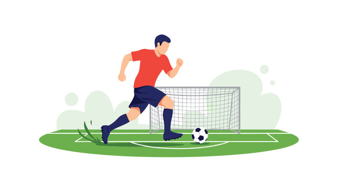 Skillful soccer player in a red jersey runs quickly with a ball on a green grass field towards the empty goal.