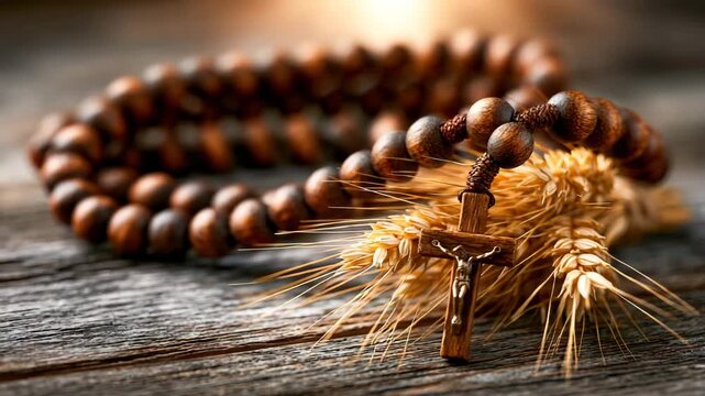 Rosary and Crucifix on Golden Wheat Sheaf Catholic Still Life