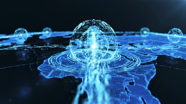 Global digital network connecting nodes across a world map, abstract data flow, technology and communication concept