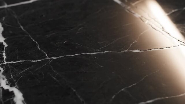 Close up of polished black marble texture with white veins and a reflective light streak, natural stone surface