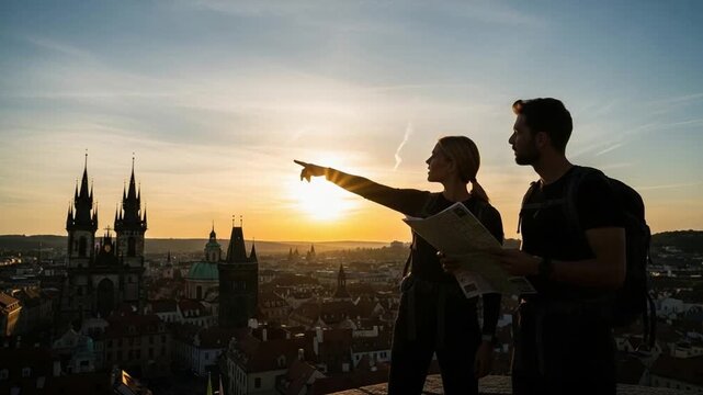 Young couple tourists exploring historic city skyline at sunset holding map and pointing towards landmarks for travel planning concept