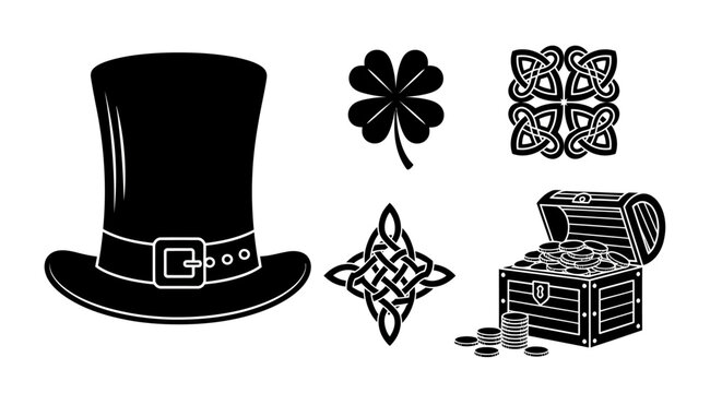 St patrick's day symbols with hat clover with collection black white st symbols including top celtic knot designs four leaf clover treasure chest
