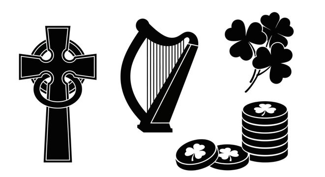 Irish symbols collection with harp cross clover with celtic cross shamrocks coins clover them symbols with symbols with symbols including, Ireland