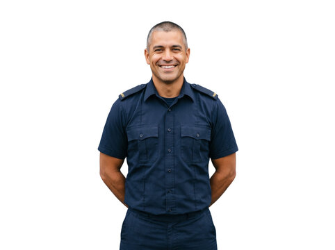 Proud Hispanic male paramedic standing in blue uniform