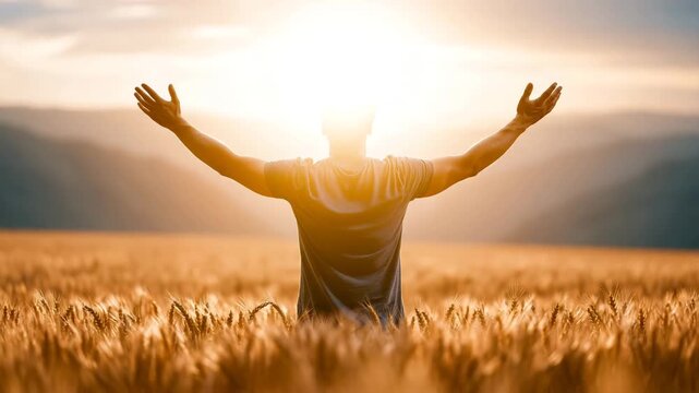 Person Praising with Raised Arms in Wheat Field at Sunset