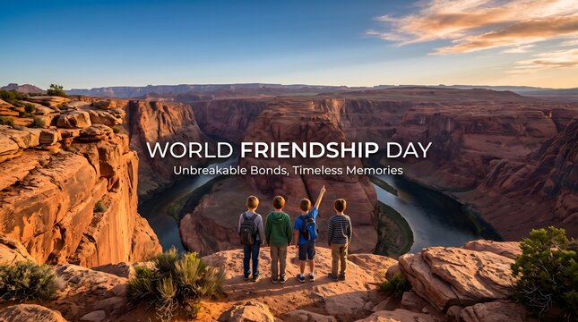Children group overlooks majestic horseshoe river bend canyon curve celebrating World Friendship Day holiday event, canyon view, rock cliff, kids, boys, hike, tour, digital corporate banner design ass