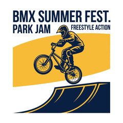 Obraz premium Dynamic Bmx Rider Performing Freestyle Tricks At Summer Fest Park Jam Event