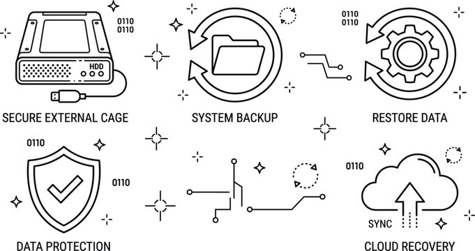 Data backup and security vector icon set featuring cloud storage system recovery data protection and external hard drive