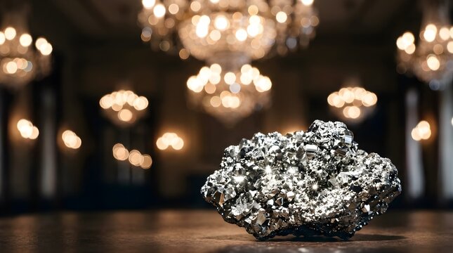 Rough silver pyrite mineral nugget displayed on table with bokeh lights