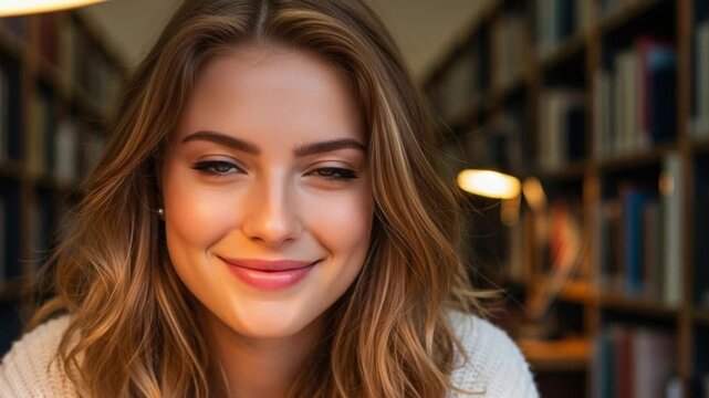 Young woman with closed eyes relaxing in a library, peaceful student studying in a quiet bookstore, serene female reader enjoying literature, calm academic atmosphere