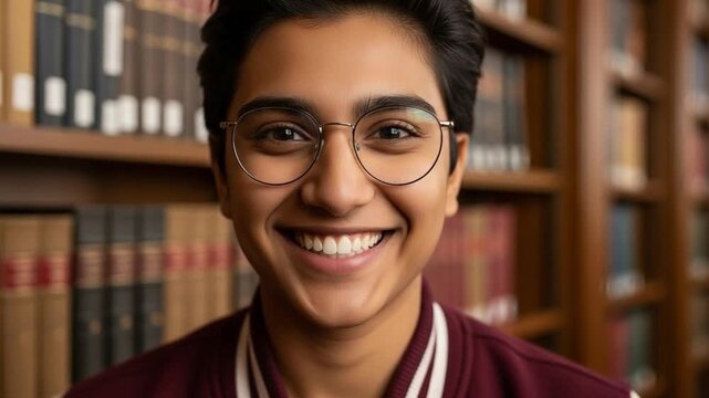 Portrait of a smiling young South Asian student wearing glasses and a varsity jacket in a library, representing academic success and education
