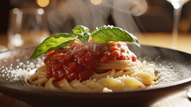 Steaming plate of spaghetti with rich tomato sauce and fresh basil, garnished with grated parmesan cheese, served in a rustic bowl at a restaurant