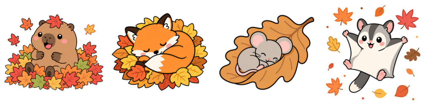 Cute animal cartoon leaf pile sleeping fall season illustration