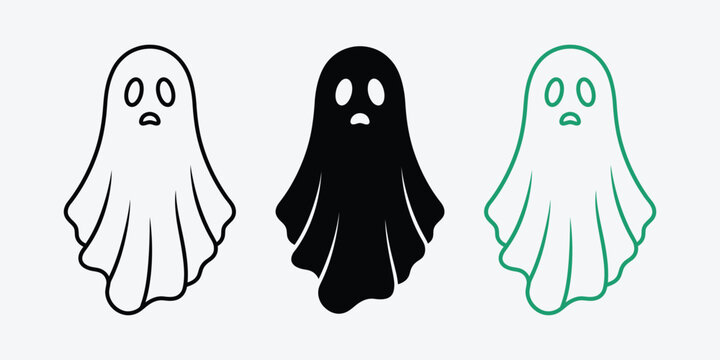 Minimalist ghost icon set in line art and solid styles with halloween, creature