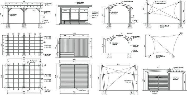Professional architectural blueprints for outdoor timber structures including pergolas arbors and shade sails.