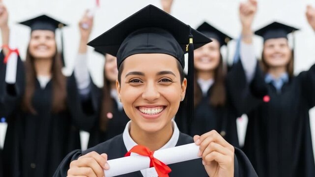 Happy young female graduate holding diploma with diverse group of students celebrating university commencement ceremony success