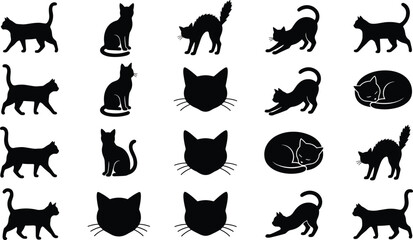 Obraz premium Black Cat Silhouette Vector Icon Set with Sitting Walking Sleeping Stretching and Scared Poses for Halloween Graphics Pet Shop Logos and Animal Lovers Pattern Designs