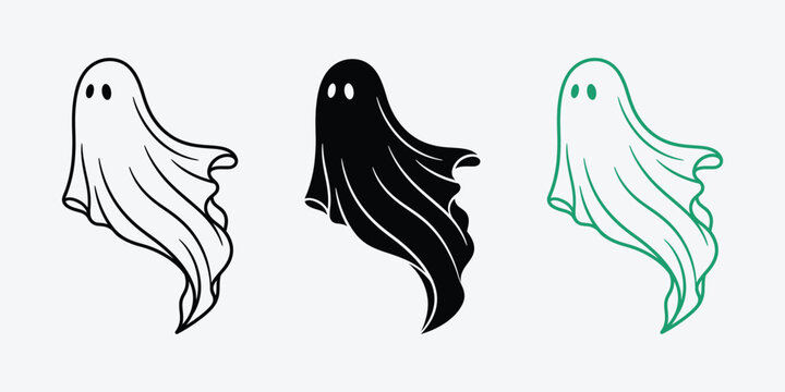Set of floating ghost spirits in line art and silhouette graphic styles