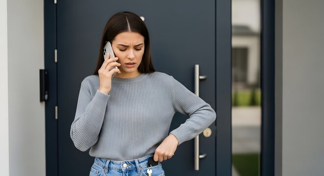 Young woman talking on smartphone while searching for keys outside her modern house, looking worried or confused.