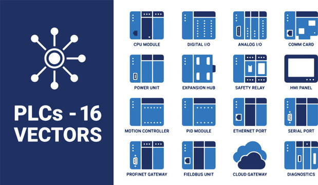 Industrial automation programmable logic controller PLC components vector icon set for electrical engineering and smart factory systems