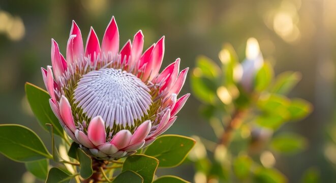 Close-up of a Protea flower with pink petals and white center.