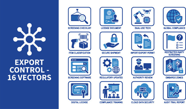 Comprehensive Export Control and International Trade Compliance Vector Icon Set for Legal and Logistics Business
