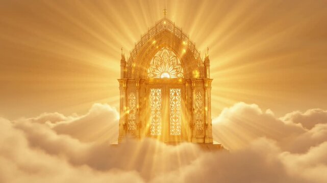 Golden pearly gates of heaven with divine light rays among white clouds