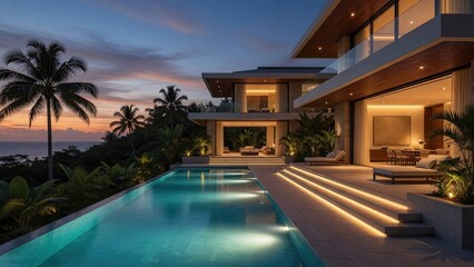 Fototapeta premium Elegant Contemporary Architectural Villa At Sunset With Illuminated Pool And Tropical Surroundings