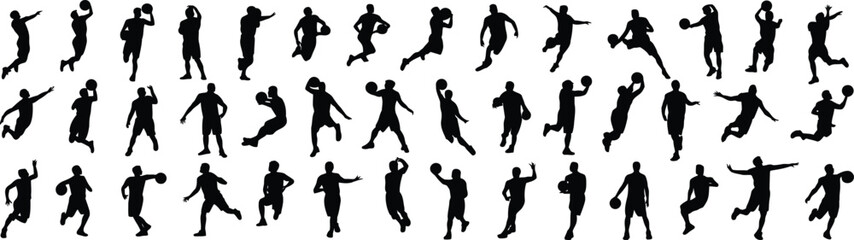 Collection of black silhouettes of basketball players in various dynamic poses, jumping, dribbling, and shooting the ball © MdRayhan