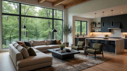 Fototapeta premium Spacious Modern Living Room And Kitchen With Large Windows Overlooking Lush Green Forest In Contemporary Design