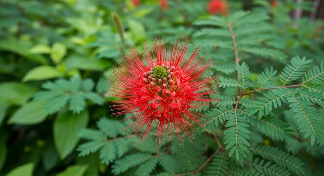 Crimson Powderpuff Bloom - A Vibrant Display of Natures Artistry.