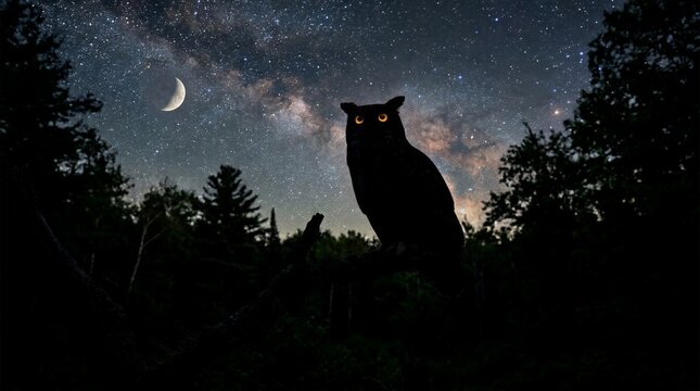 Silhouette of an owl against a starry night sky with a crescent moon.