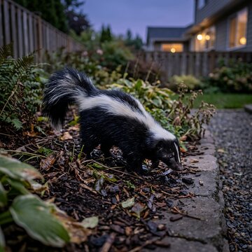 Skunk foraging in a suburban garden at dusk.