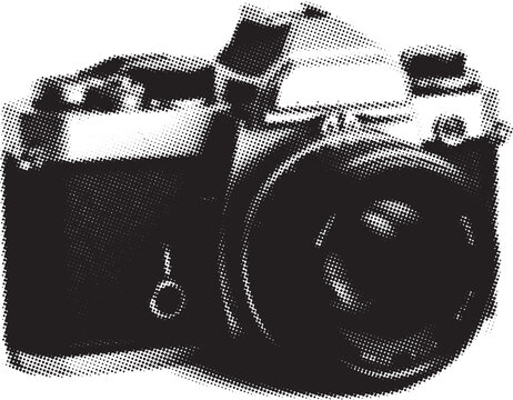 Retro camera in halftone pattern during studio lighting for graphic design projects