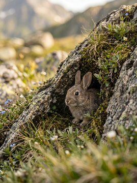 Small Rabbit Peeking Out From Rocky Crevice in Mountain Meadow.