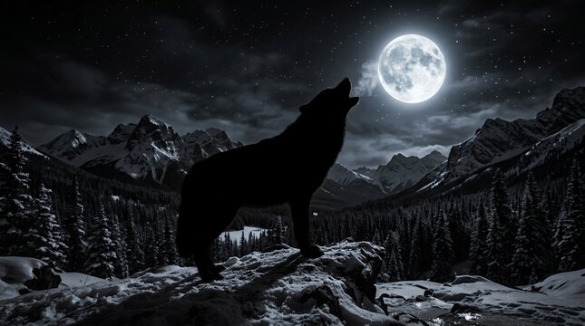 Silhouette of a wolf howling at the full moon in a snowy mountain landscape.