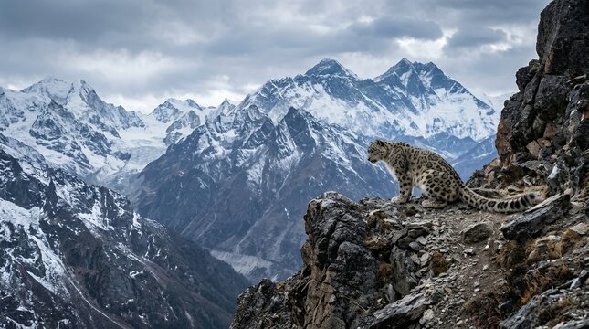 Snow Leopard Perched on Rocky Mountain Cliff Overlooking Snowy Peaks.