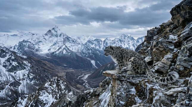 Snow leopard perched on a rocky cliff overlooking a vast snowy mountain range under a cloudy sky.