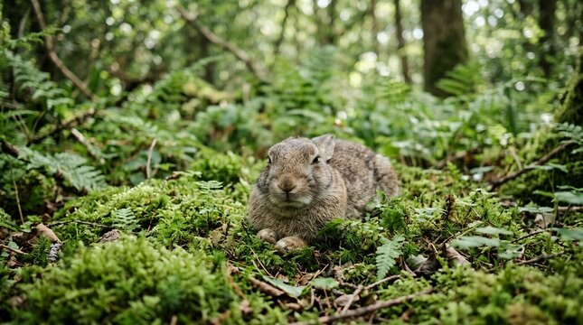 Small Pika Resting in Lush Green Forest Undergrowth.