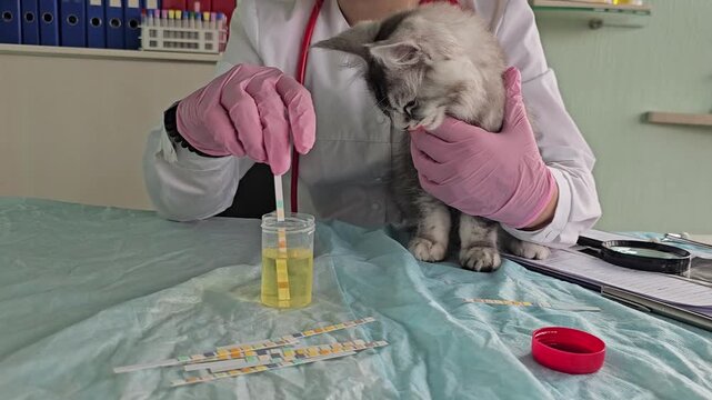 Vet checks cat urine sample in clinic