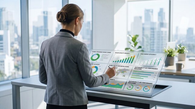 Businesswoman analyzing sustainability key performance indicators on interactive screen, global solar growth charts, wind energy efficiency data in modern office