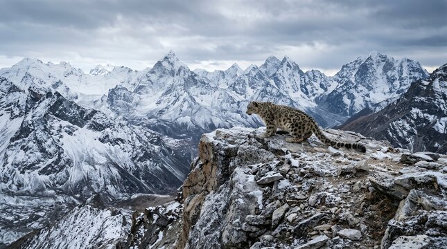 Snow leopard perched on rocky outcrop with snow-capped mountains behind.