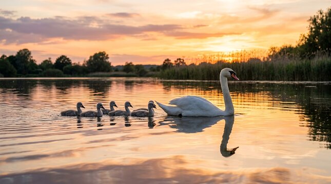 Swan family swimming in a lake at sunset with beautiful sky reflection.