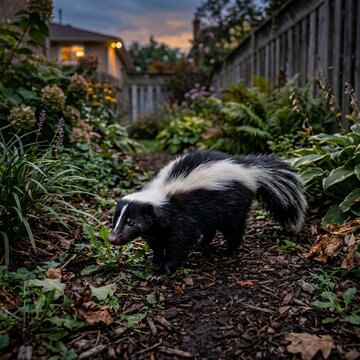 Striped skunk walking through a garden at dusk.