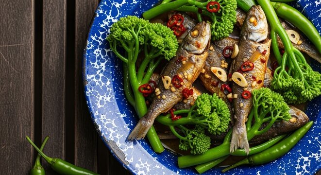 Delicious Pan-Fried Trout with Broccolini and Chili Peppers on Blue Plate.