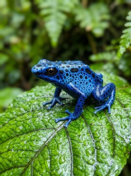 Vibrant Blue Poison Dart Frog Perched on a Wet Leaf in Lush Green Rainforest.
