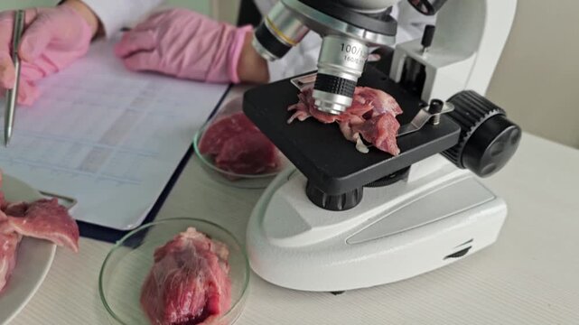 Study of animal tissue under microscope in laboratory for research in biology