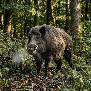 Wild Boar Standing in a Forest with Steam Coming from its Mouth.